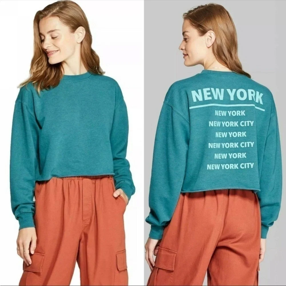 Wild Fable Womens M Crewneck‎ Sweatshirt New York City Cropped Teal pullover top - Picture 3 of 11